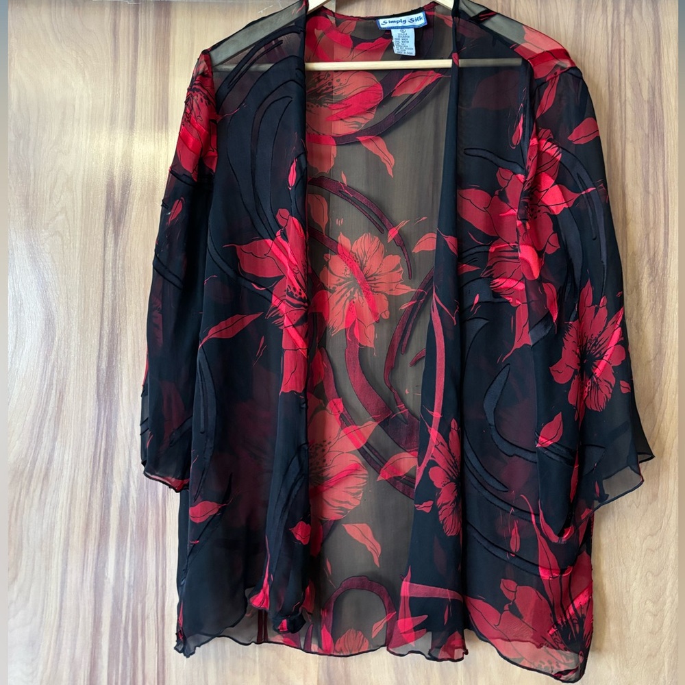 Silk Kimono, Sheer Black and Red Floral Kimono, Luxurious coverup, Vintage Silk